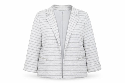 Front view of Principles women’s grey striped jacket blazer, size UK 16