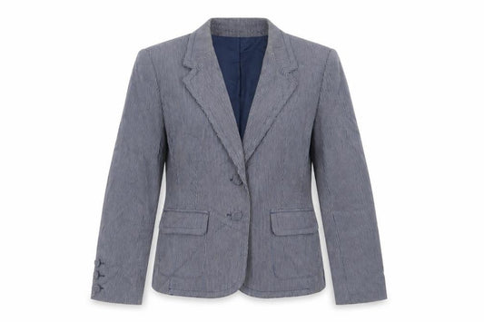 Front view of Debenhams women’s blue striped jacket blazer, size UK 12