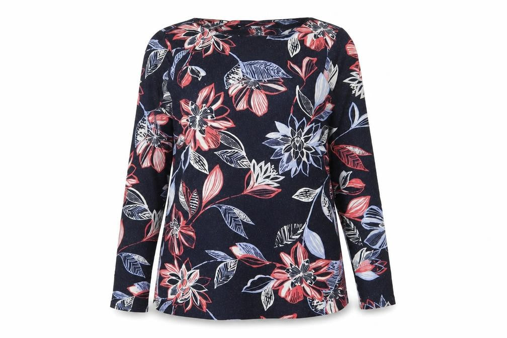 Front view of Marks & Spencer women’s blue floral basic t-shirt, size UK 8