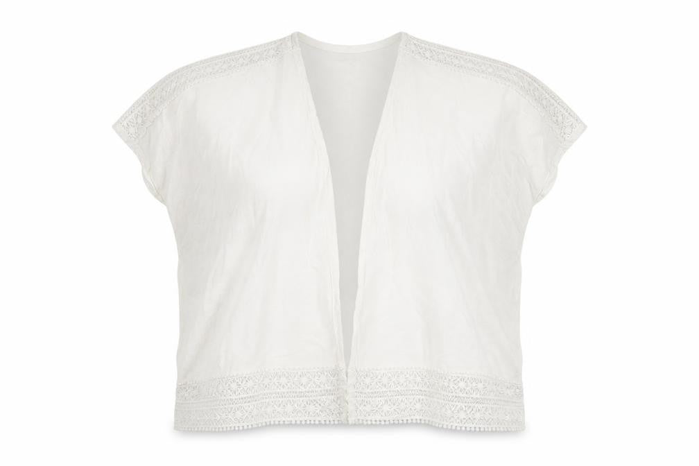 Front view of New Look women’s white geometric cardigan jumper, size UK 8