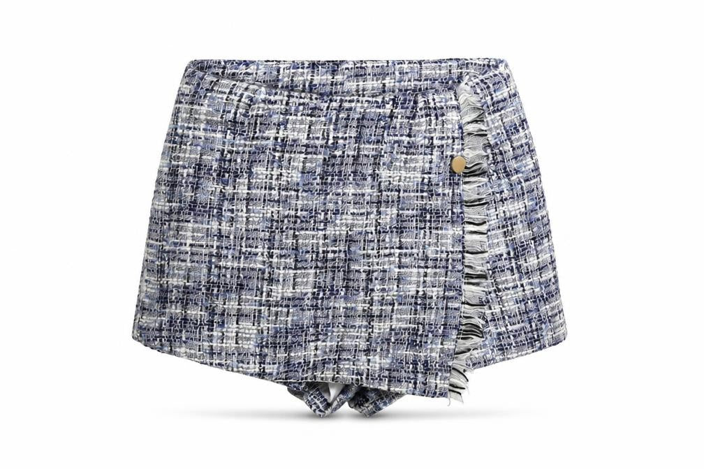 Front view of Kaycee women’s blue check cut-off shorts, size L