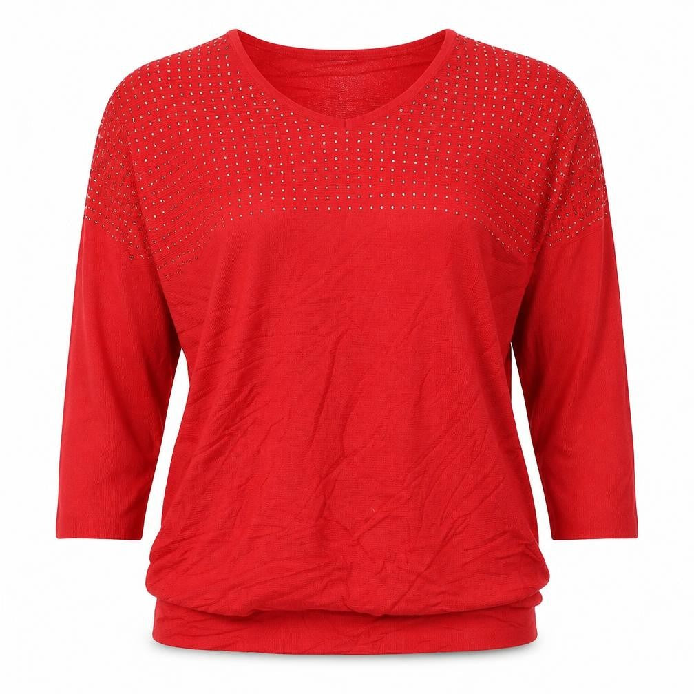Front view of Quiz women’s red henley jumper, size L