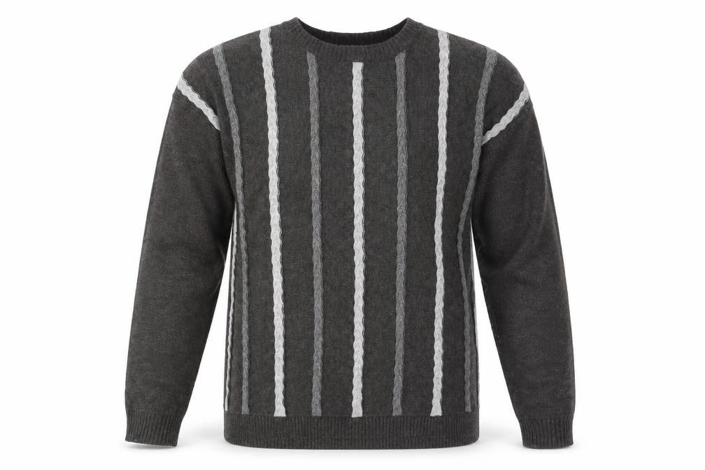 Front view of Casami men’s grey striped jumper, size M
