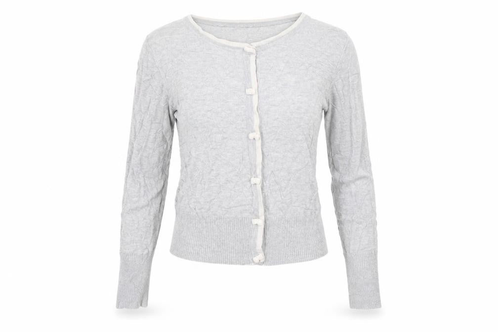 Front view of Louche women’s grey cardigan jumper, size UK 12