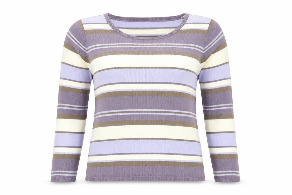 Front view of Matalan women’s multicoloured striped jumper, size UK 14