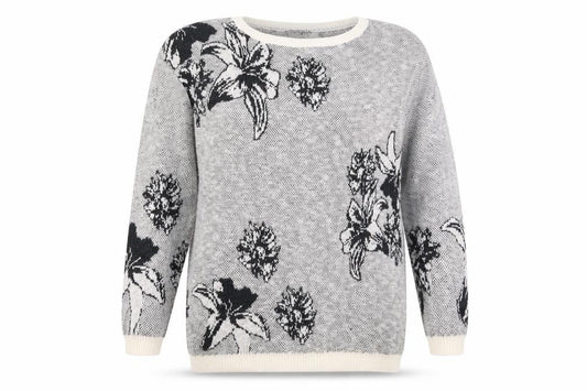 Front view of Warehouse women’s grey floral knit jumper, size UK 6