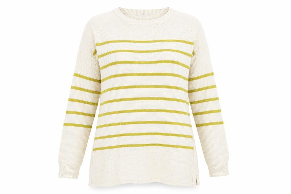Front view of TU women’s beige striped knit jumper, size UK 12