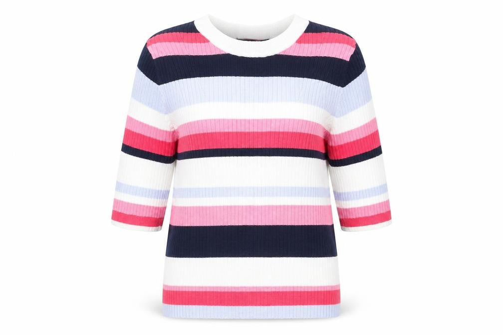 Front view of Marks & Spencer women’s multicoloured striped jumper, size UK 12