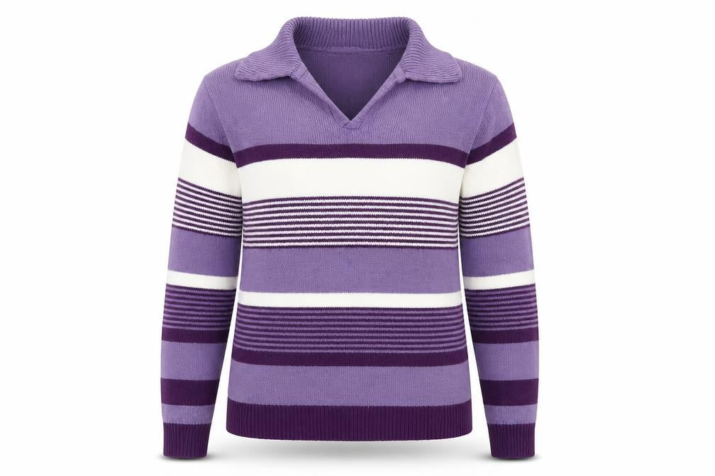 Front view of EWM women’s purple striped knit jumper, size S