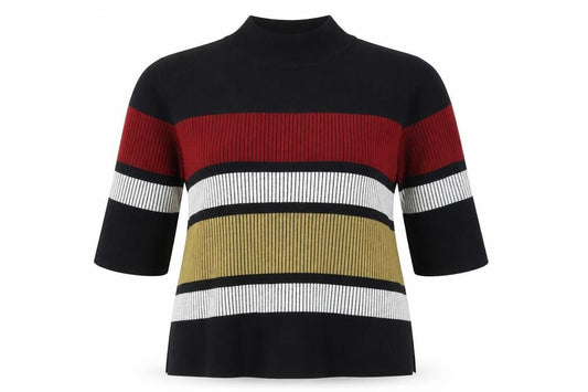 Front view of Papaya women’s black striped jumper, size UK 18