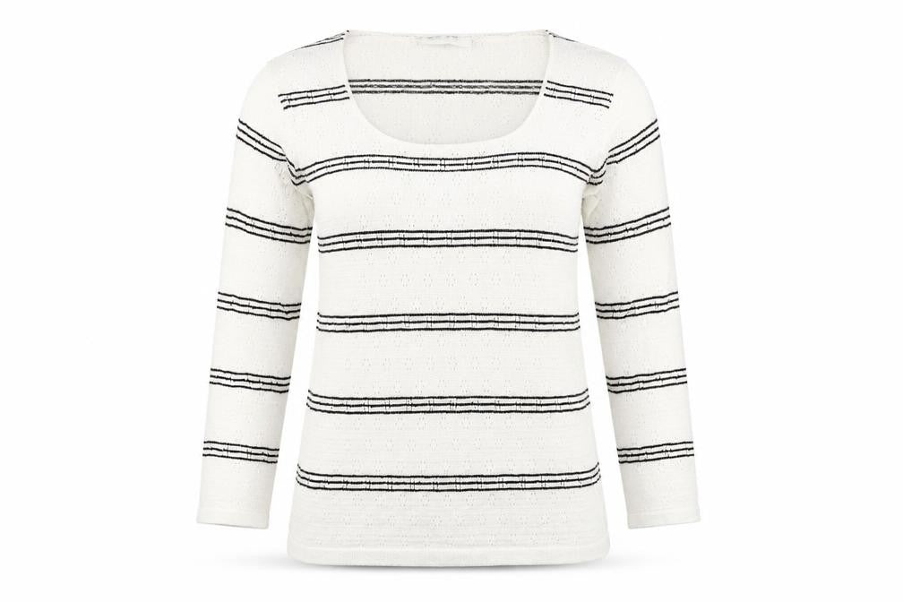 Front view of commodity women’s white striped jumper, size UK 4