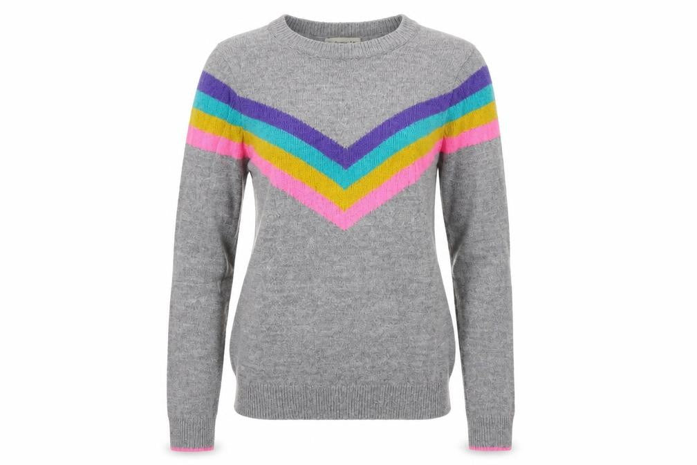 Front view of F&F women’s grey striped jumper, size UK 6