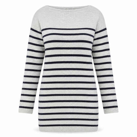Front view of ASOS women’s grey striped jumper, size UK 6