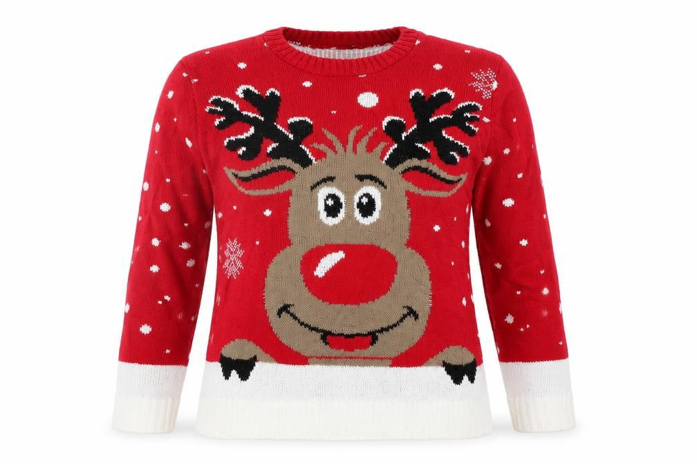 Front view of Glimpse Design women’s red fair isle jumper, size M, - xmas