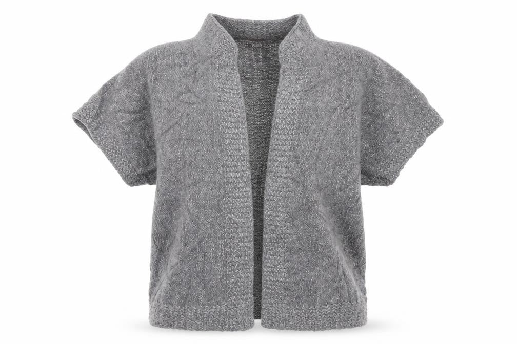 Front view of YPSILON women’s grey cardigan jumper, size UK 12