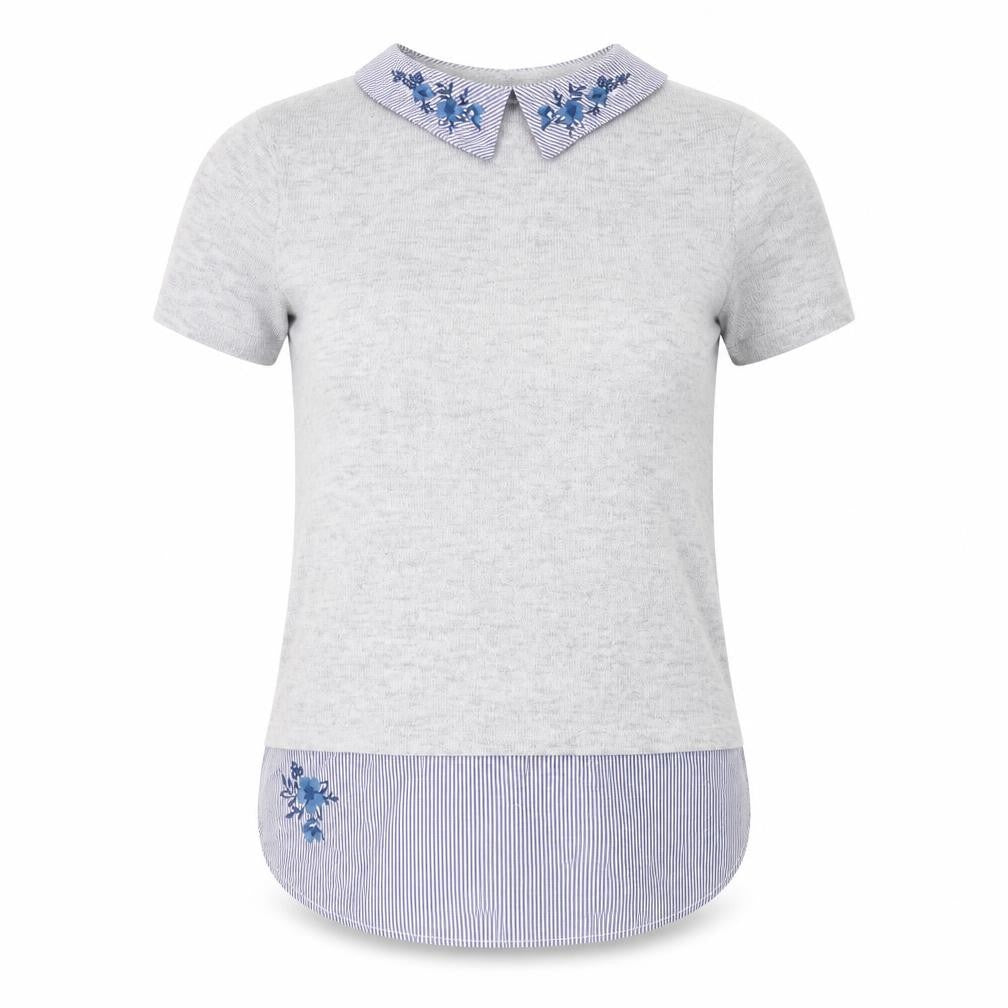 Front view of Tu women’s grey striped jumper, size UK 12