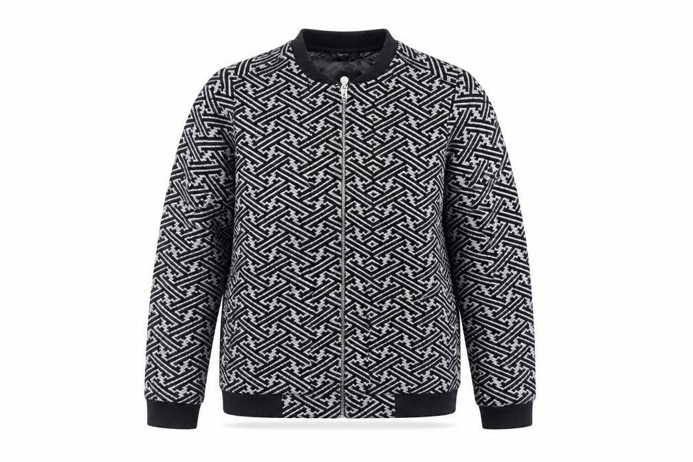 Front view of Next women’s black geometric jacket, size UK 10