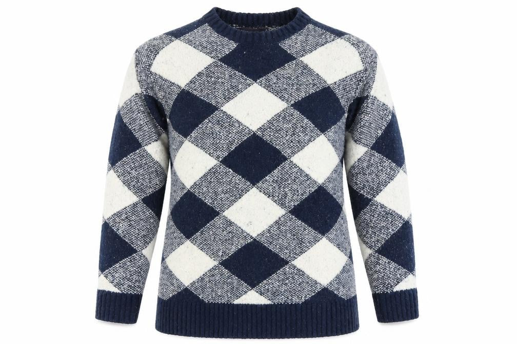 Front view of Marks & Spencer women’s blue argyle/diamond jumper, size S