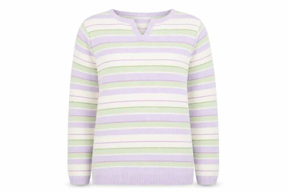 Front view of EWM women’s purple striped jumper, size UK 10