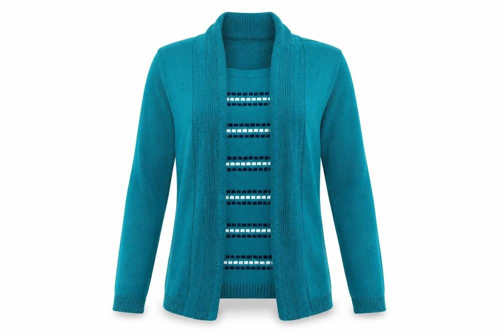 Front view of Insight women’s blue cardigan jumper, size S