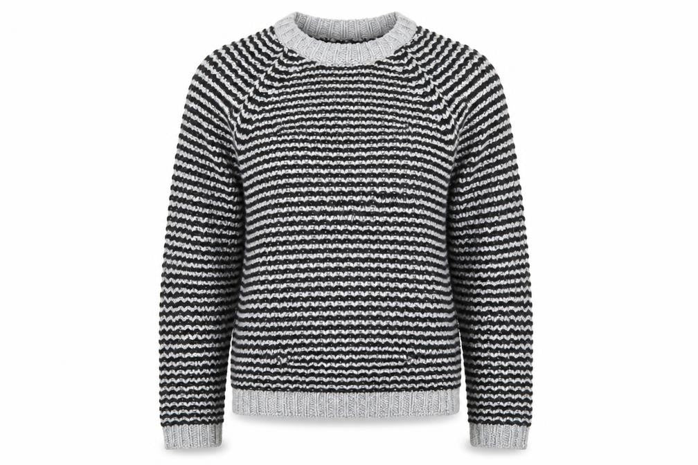 Front view of H&M women’s grey striped jumper, size S