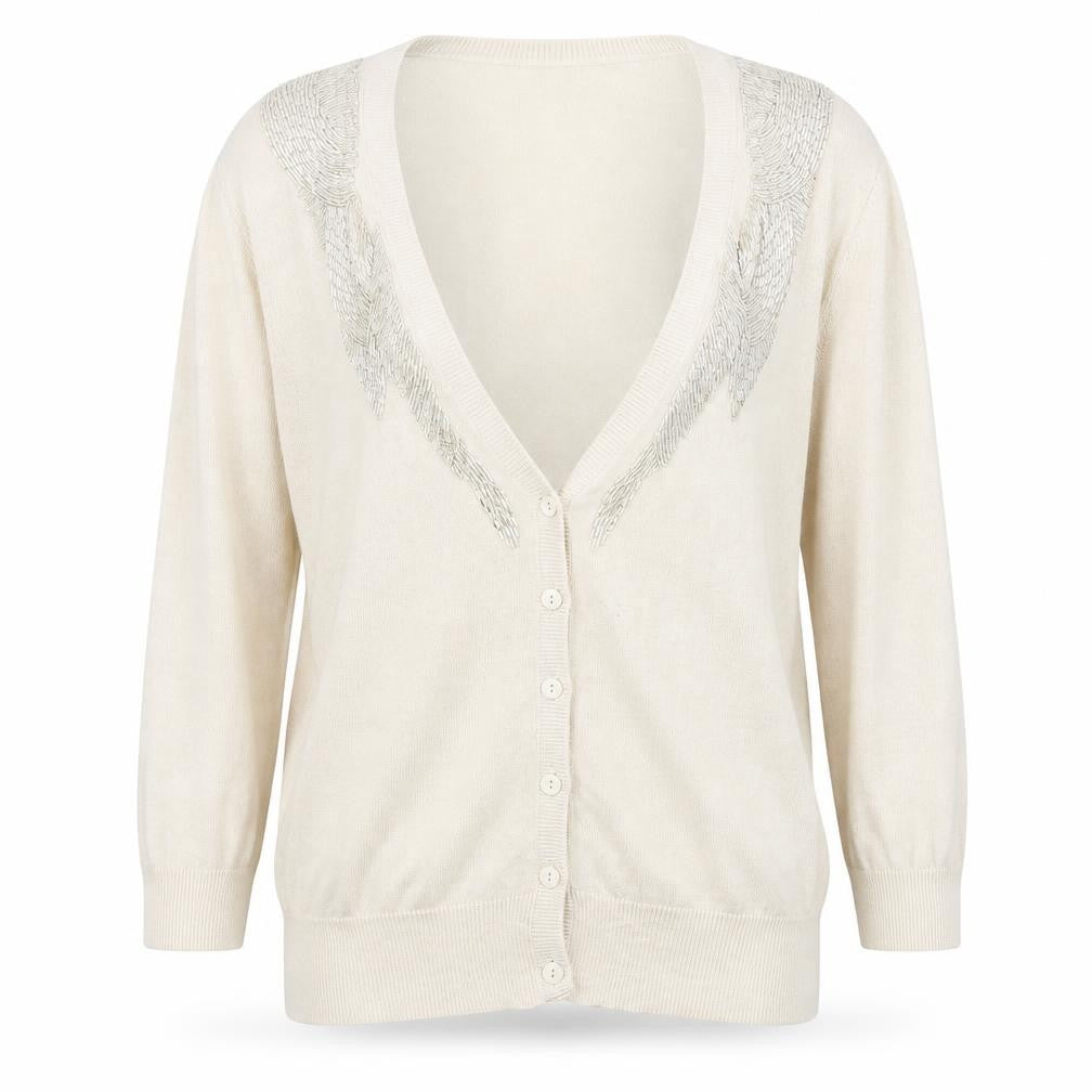 Front view of Topshop women’s beige cardigan jumper, size UK 12