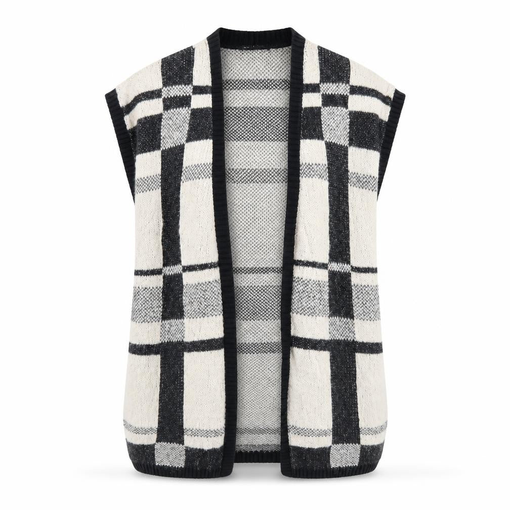 Front view of Atmosphere women’s beige check cardigan jumper, size S