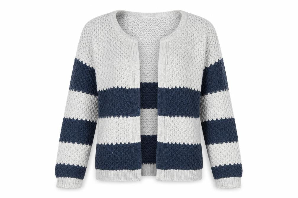Front view of Atmosphere women’s grey striped jacket, size UK 14
