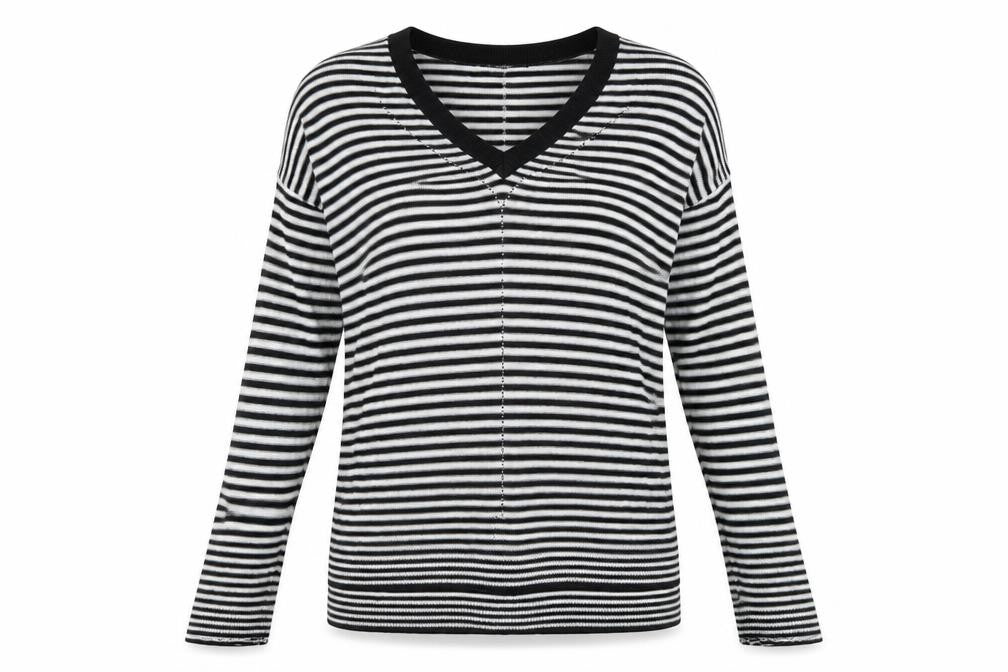 Front view of Next women’s black striped jumper, size UK 12