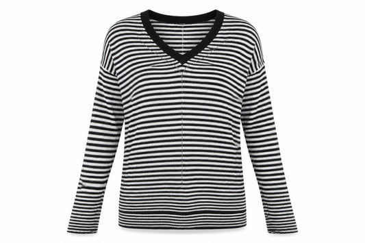 Front view of Next women’s black striped jumper, size UK 12
