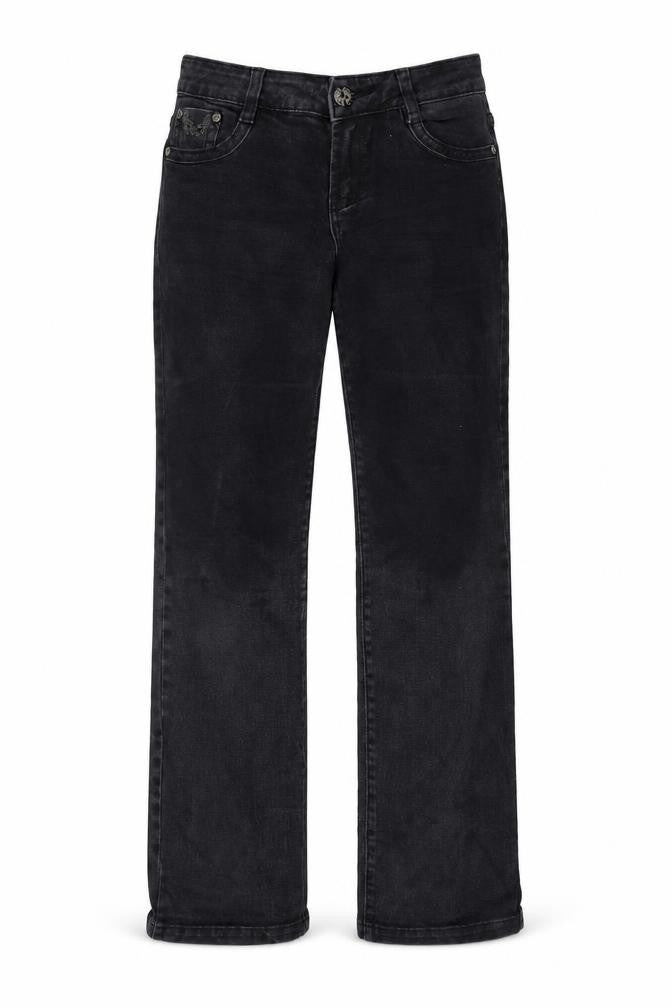 Front view of Mado women’s black denim straight jeans, size L, 29-inch leg