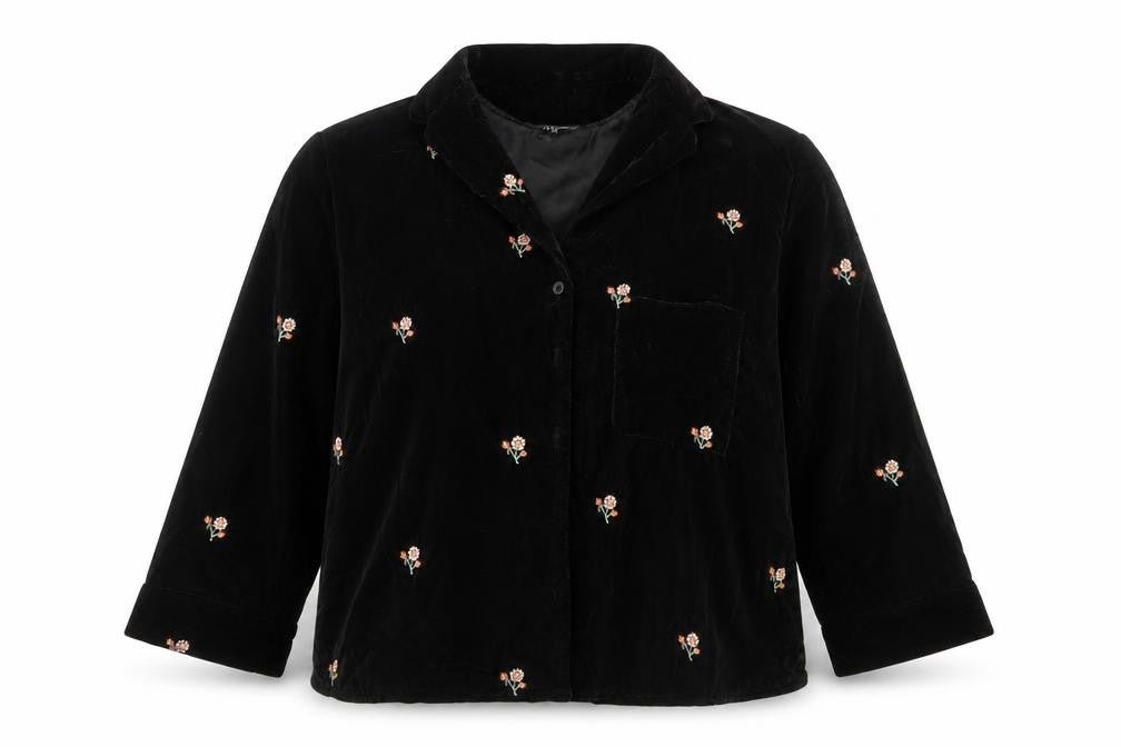 Front view of New Look women’s black floral basic button-up, size UK 8