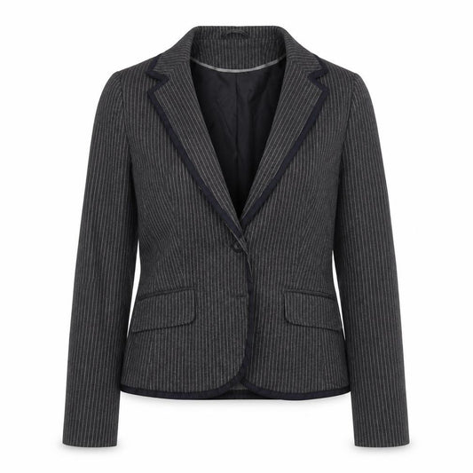 Front view of New Look women’s grey striped jacket coat, size UK 18