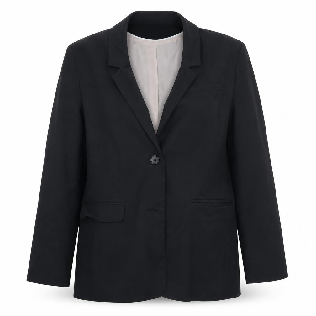 Front view of H&M women’s black jacket suit, size UK 12
