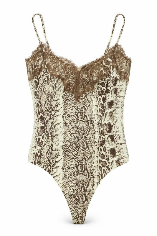 Front view of PRETTYLITTLETHING women’s beige animal print bodysuit one-piece, size UK 8