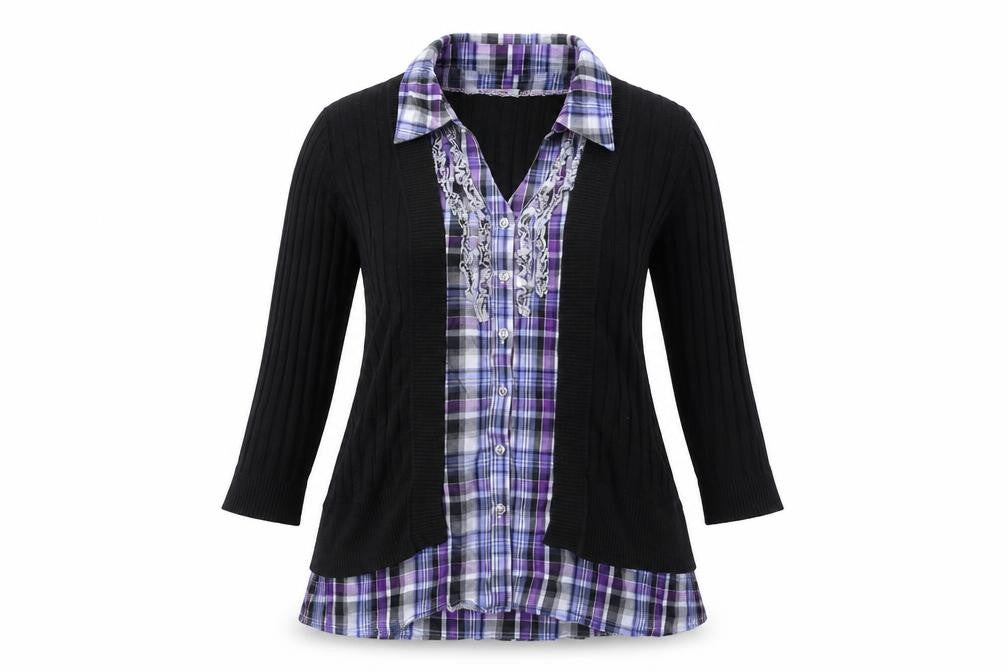 Front view of Le Grenier women’s black check knit jumper, size S