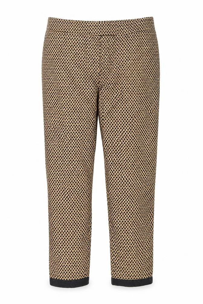 Front view of Marks & Spencer women’s gold geometric trousers, size UK 12, 23-inch leg