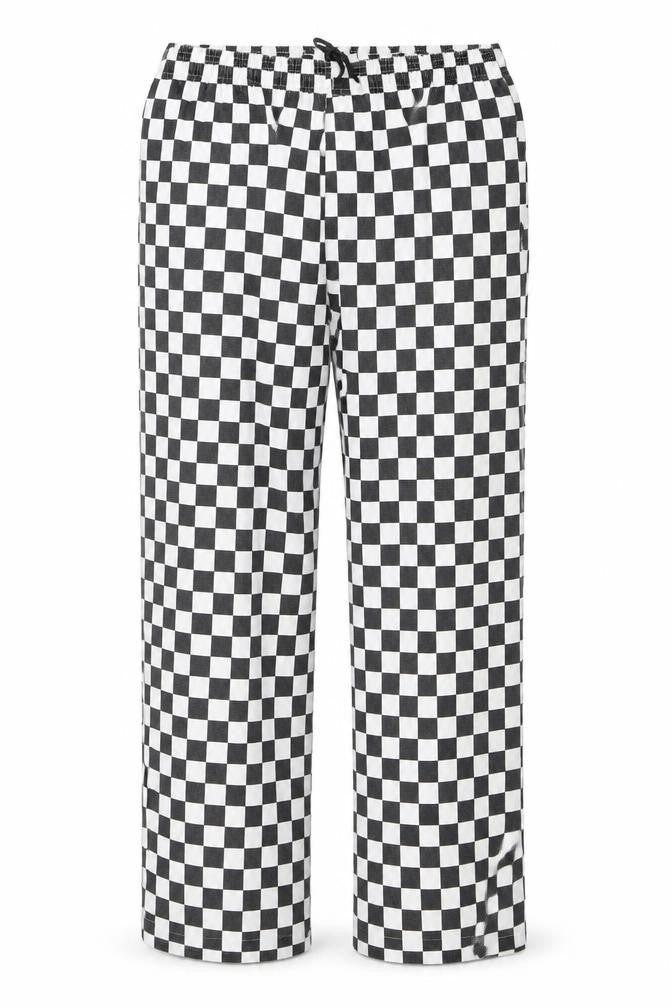 Front view of Preworn women’s white check trousers, size L, 30-inch leg