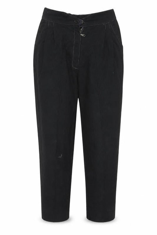 Front view of Preworn women’s black trousers, size UK 26, in, 22-inch leg