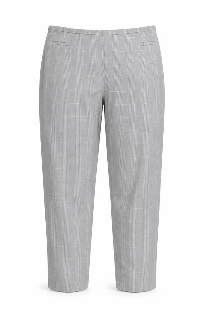 Front view of Marks & Spencer women’s grey check trousers, size UK 12, 28-inch leg