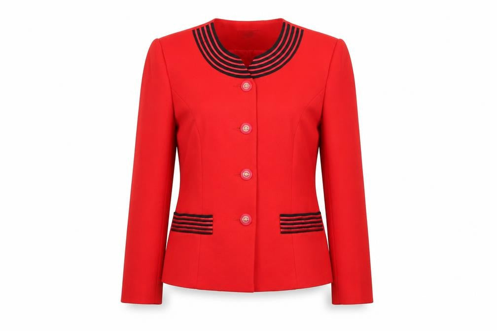 Front view of sandy tai women’s red striped jacket blazer, size S