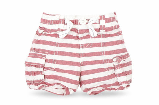 Front view of Nutmeg Baby Red Striped Denim Cropped Jeans, size 3-6, Months - tie up