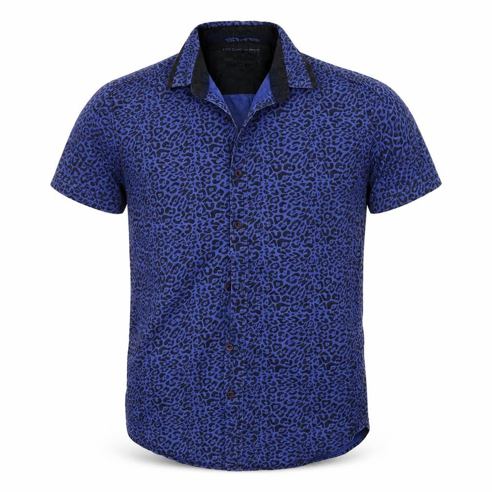 Front view of New Look men’s blue animal print button-up, size S