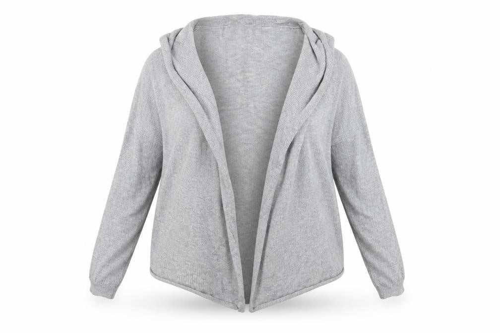 Front view of Marks & Spencer women’s grey cardigan jumper, size UK 18
