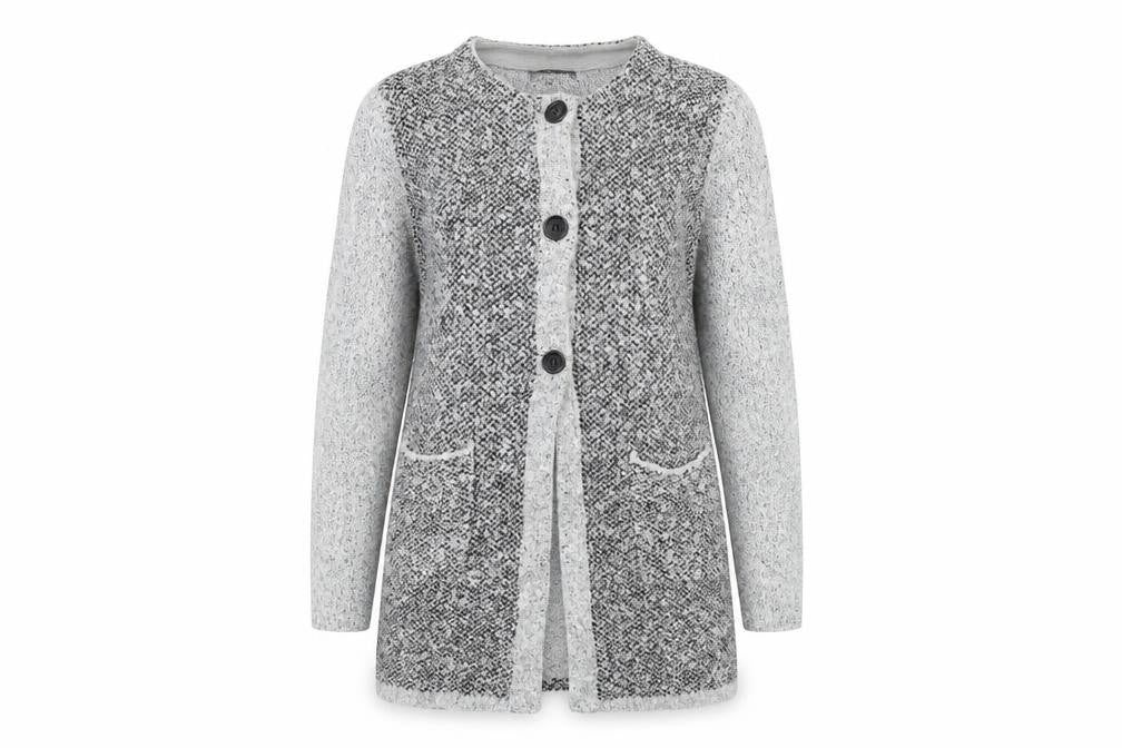 Front view of Paramour women’s grey knit jacket coatigan, size M