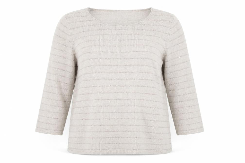 Front view of Marks & Spencer women’s beige striped jumper, size UK 14