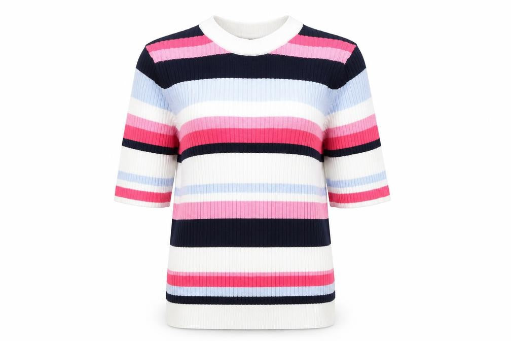Front view of Marks & Spencer women’s multicoloured striped knit jumper, size UK 10