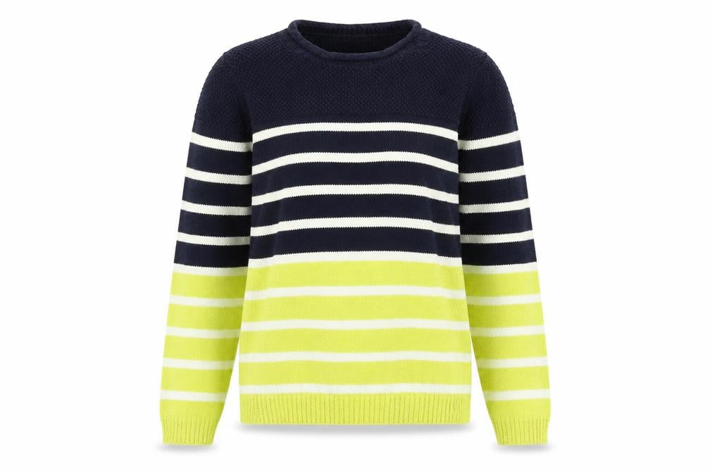 Front view of Bonmarché women’s blue striped jumper, size S