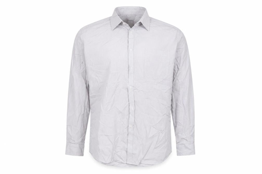 Front view of Taylor & Wright men’s grey striped button-up, size 17, - 17 1/2