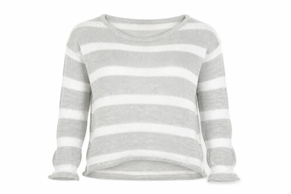 Front view of Atmosphere women’s grey striped jumper, size UK 12